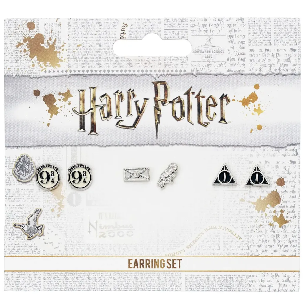 Harry Potter Ohrringe 3er-Pack Platform 9 3/4, Hedwig & Letter, Deathly Hallows (Versilbert)
