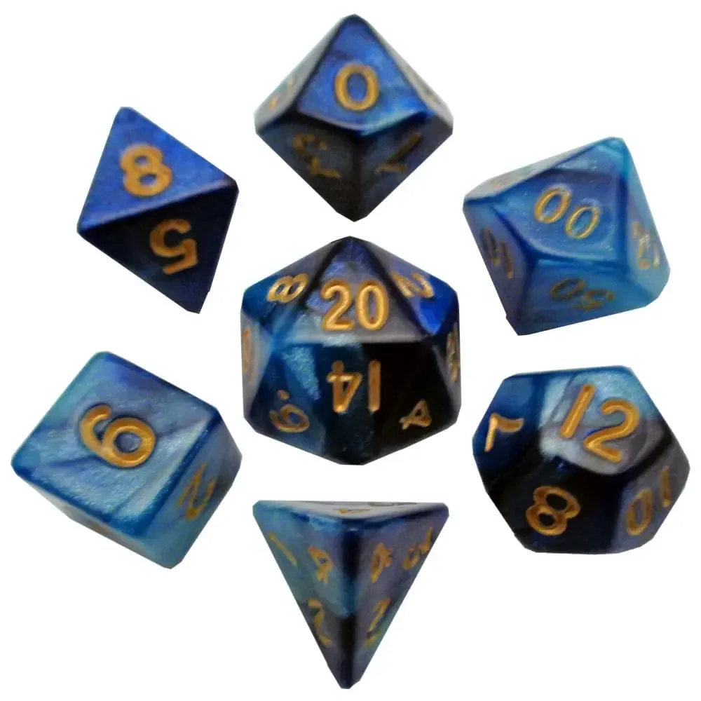FanRoll Mini Würfel Set Blue/Light Blue with Gold Numbers (7)