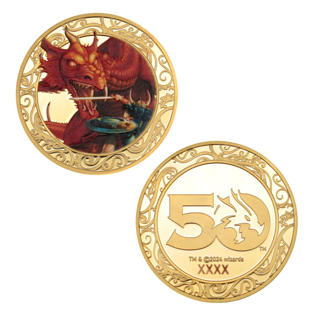 Dungeons & Dragons Sammelmünze 50th Anniversary with Colour Print 24k Gold Plated Edition 4 cm        