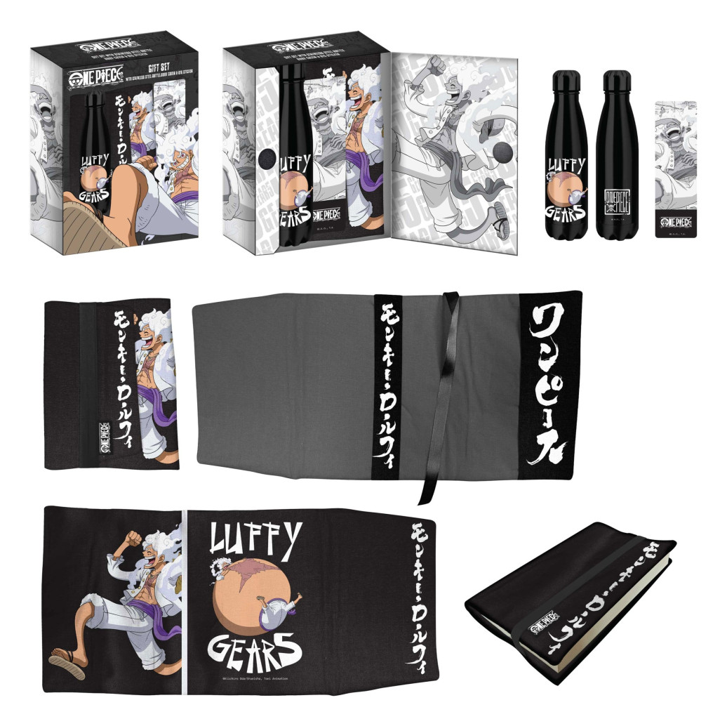 One Piece Stahlflasche, Sticker, Buchumschlag Geschenkset Luffy Gears