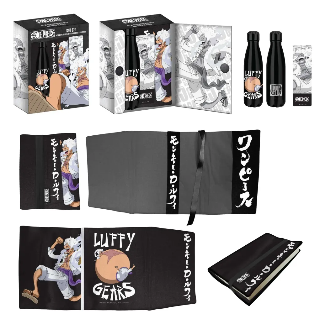 One Piece Stahlflasche, Sticker, Buchumschlag Geschenkset Luffy Gears