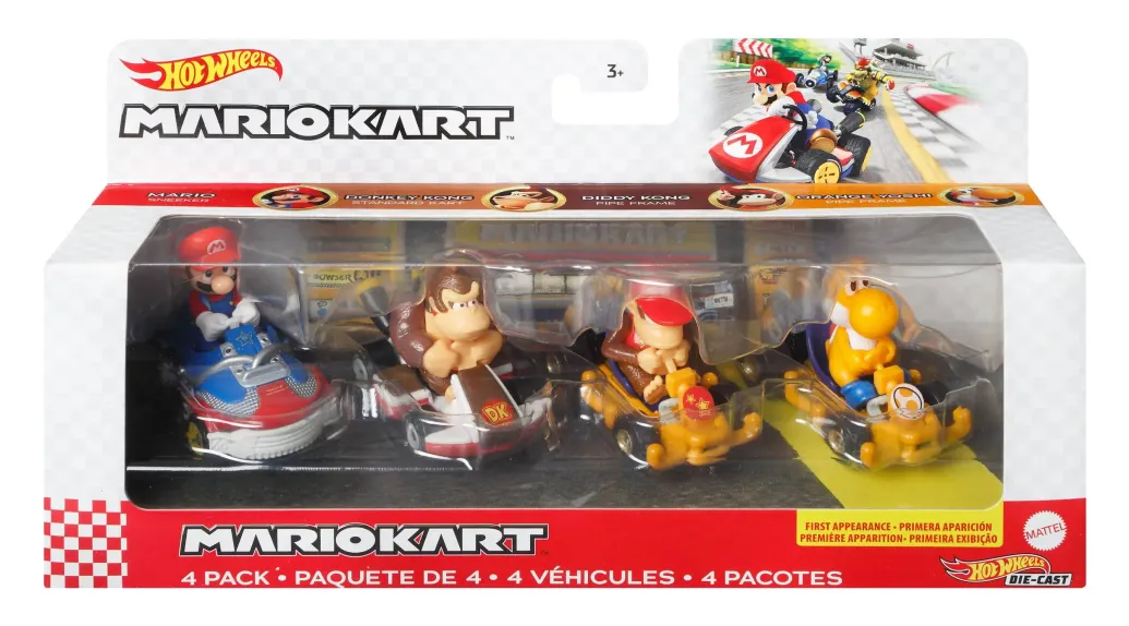 Mario Kart 4er-Pack Hot Wheels Diecast Modellautos Mario, Donkey Kong, Diddy Kong, Orange Yoshi
