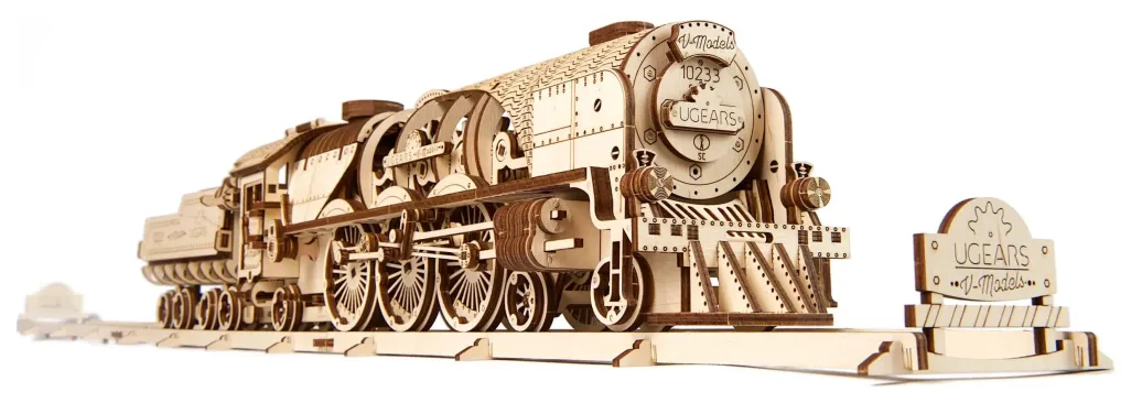 Ugears 3D-Holzpuzzle V-Express Dampflokomotive mit Schlepptender