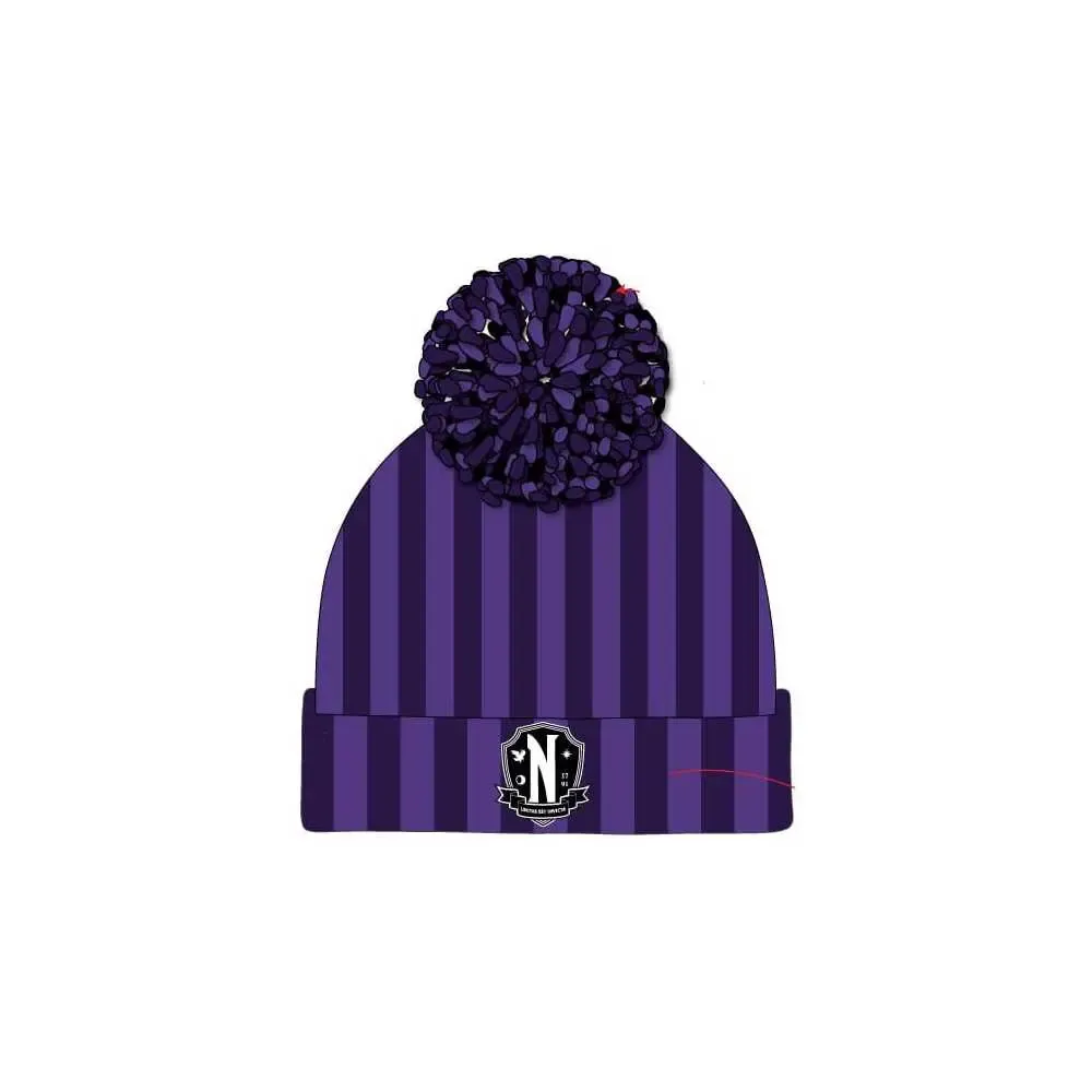Wednesday Pom-Pom Beanie Nevermore Logo