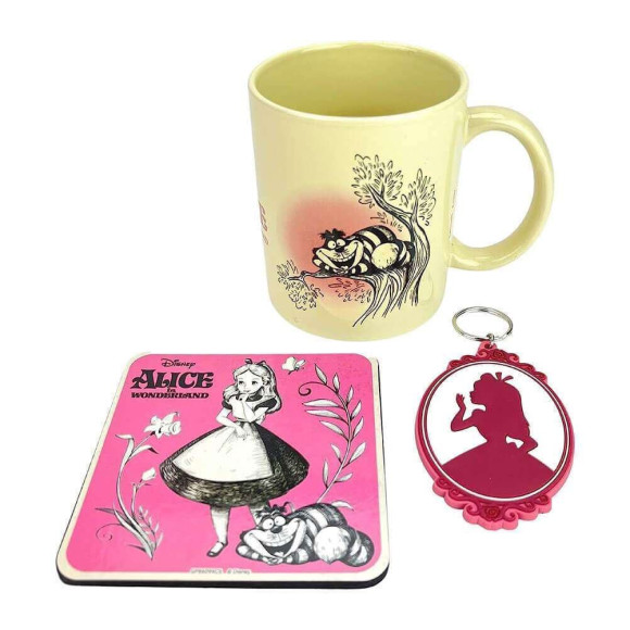 Disney Tasse, Untersetzer und Schlüsselanhänger Alice in Wunderland Vintage