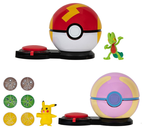 Pokémon Surprise Attack Game Pikachu (weiblich) mit Turboball vs. Geckarbor mit Heilball