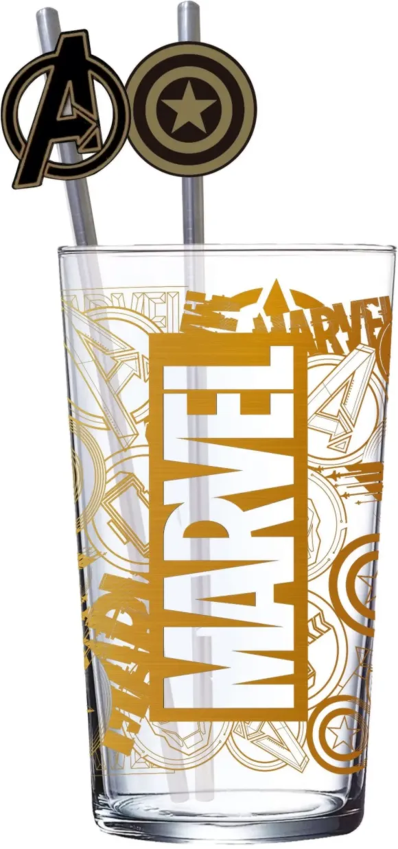 Marvel Glas Tumbler mit Trinkhalmen Logo & Avengers 485 ml