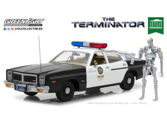 Terminator 1977 Dodge Monaco Metropolitan Police Diecast 1/18 Modellauto mit T-800 Figur