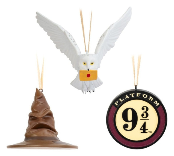 Harry Potter Set mit 3 Weihnachtsornamenten Sprechender Hut, Gleis 9 3/4 und Hedwig 7 cm
